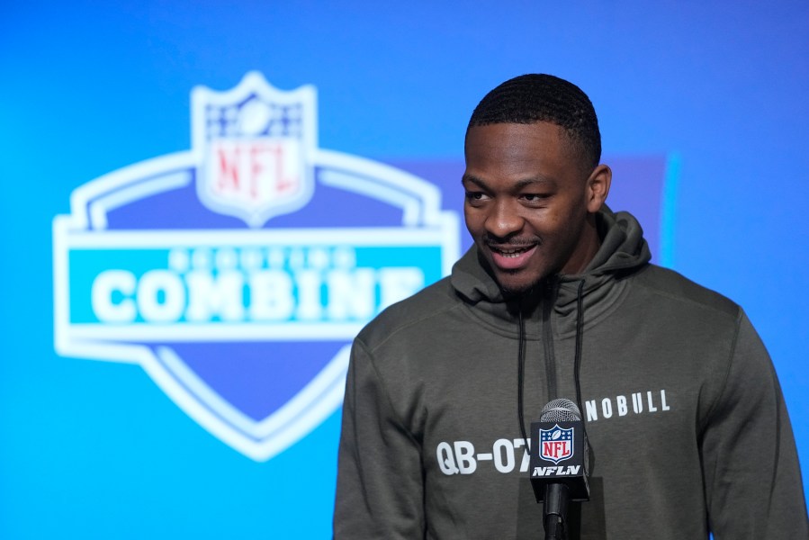 FILE - Tennessee quarterback Hendon Hooker speaks during a news conference at the NFL football scouting combine in Indianapolis, March 3, 2023. Threw only five interceptions in 631 attempts at Tennessee, but did fumble 22 times. (AP Photo/Darron Cummings, File)